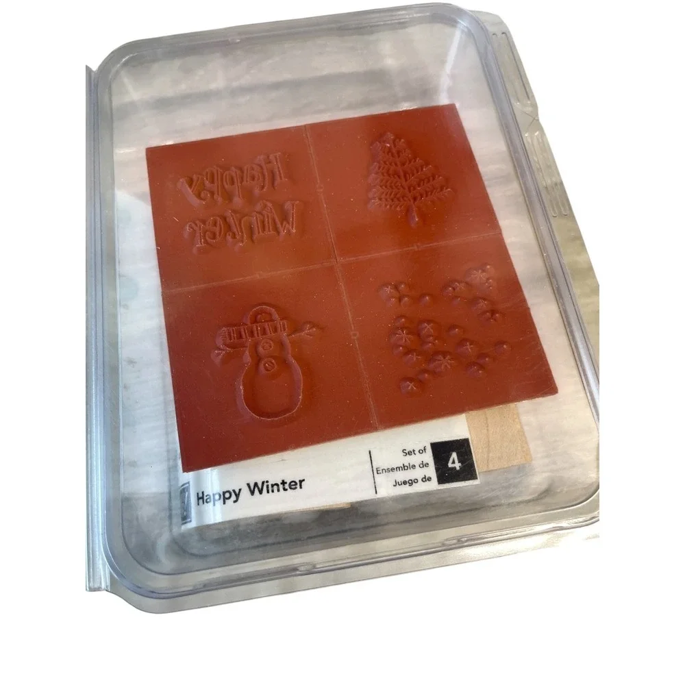 Stampin Up Stamp Set Unisex OS Red Happy Winter Wood Mount Snowman 1997 Retired
